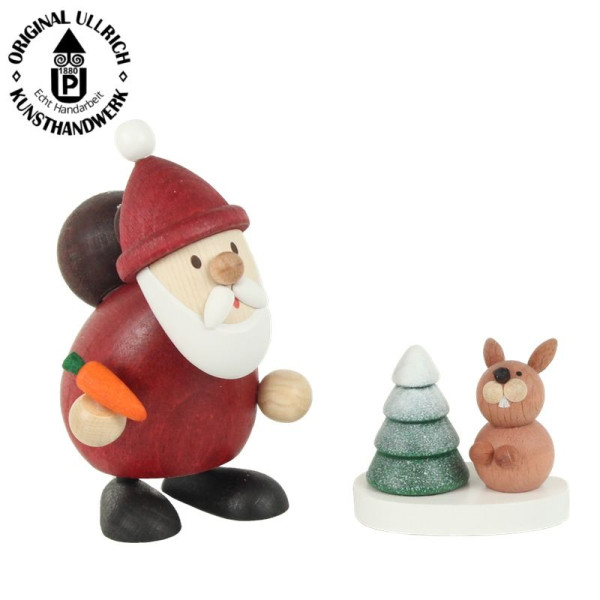 Weihnachtsmann mit Hase und verschneitem Baum H 9,0 cm , ULLRICH® Kunsthandwerk