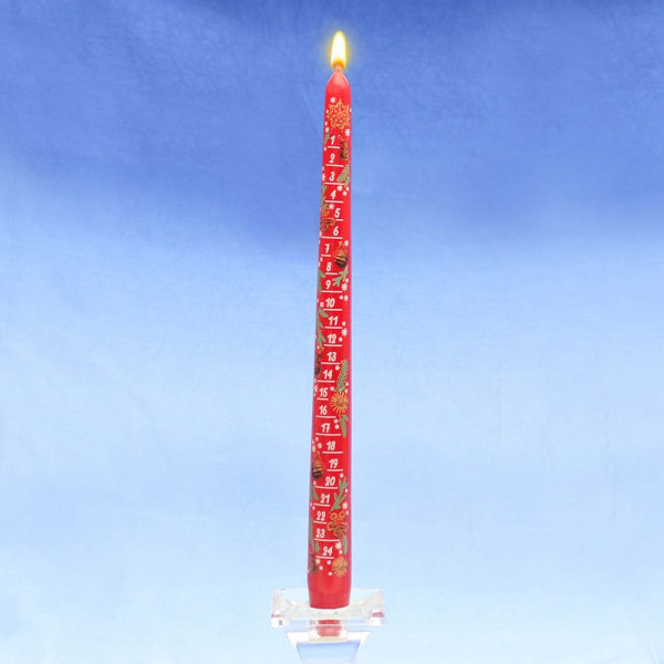 Adventskalender-Spitzkerze rot mit Abziehbild 29 cm