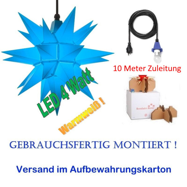 Herrnhuter Adventsstern Außenstern 40 cm Blau mit LED+ 10m Zuleitung gebrauchsfertig montiert