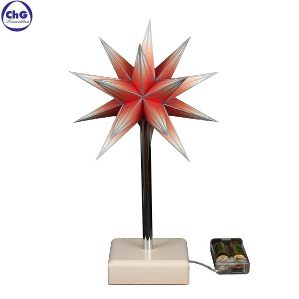 Seiffener Papierstern 13 cm silber-rot-weiß auf Holzsockel Buche natur mit Batteriehalter und LED- Bel.