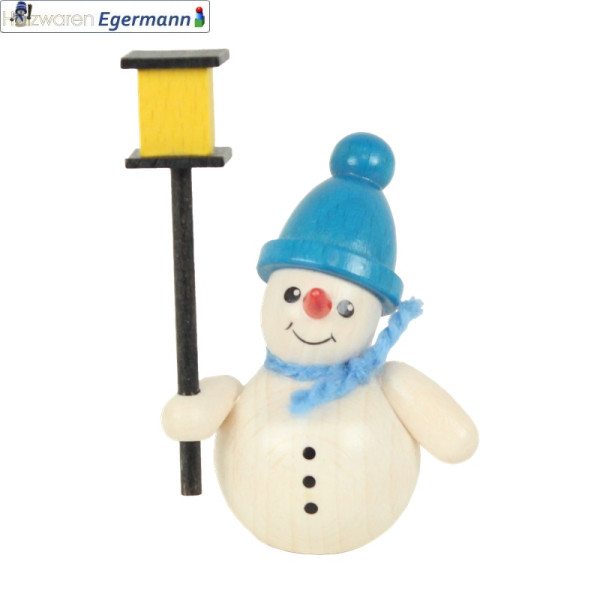 Schneemann mit Laterne, blaue Mütze, ca. 7,5 cm Holzwaren Egermann - Made in Germany -