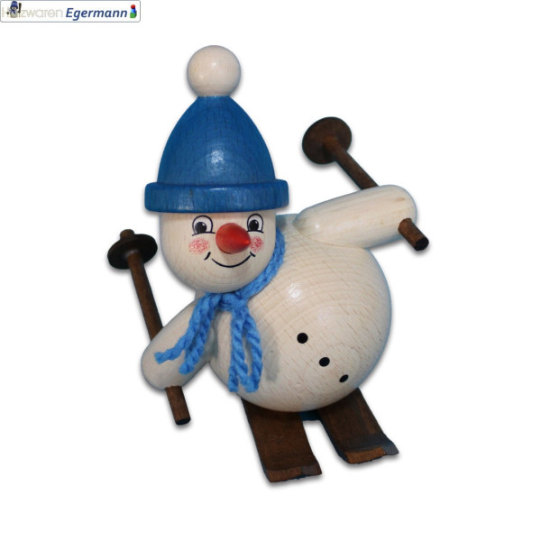 Schneemann auf Ski zur Seite, blaue Mütze, ca. 11cm Holzwaren Egermann - Made in Germany -