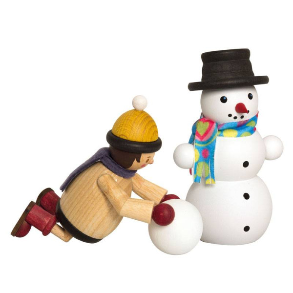 Sammelfigur Holzfigur Mäxchen mit Schneekugel & Schneemann, Kuhnert Artikel 63007, Höhe ca. 12cm