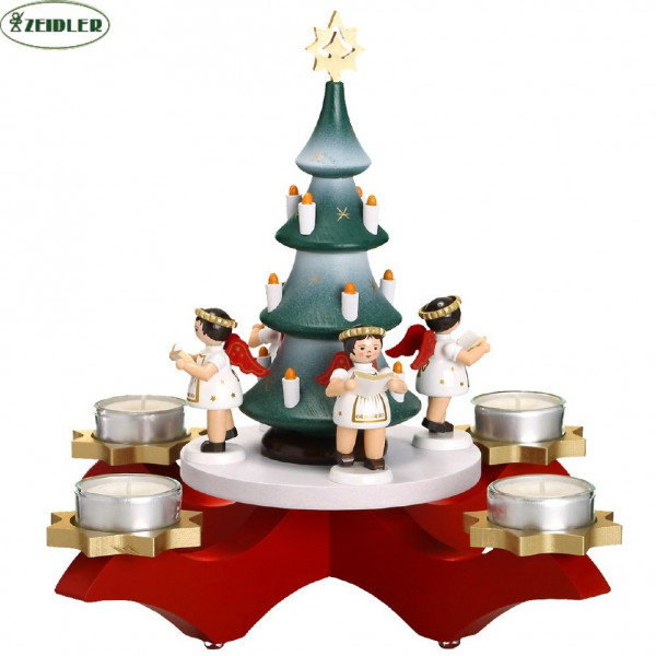 Adventsleuchter rot mit Baum und 4 Engeln farbig