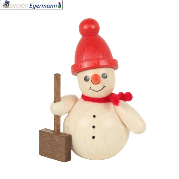 Schneemann mit Schneeschieber, rote Mütze, ca. 6 cm Holzwaren Egermann - Made in Germany -