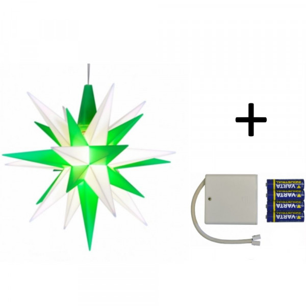 Herrnhuter Adventsstern Komplettset 1 Stück A1E mit Netzteil Farbe weiß-grün mit Batteriehalter
