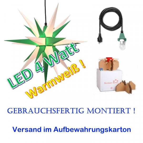 Herrnhuter Adventsstern Außenstern 68 cm Grün-Weiß mit LED + 5m Zuleitung gebrauchsfertig montiert im Aufbewahrungskarton