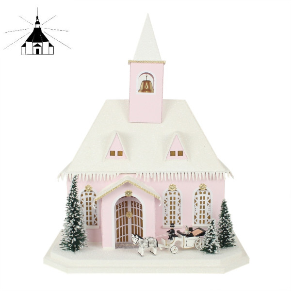 Erzgebirgisches Lichterhaus Rosa Kirche mit Hochzeitskutsche Echt Erzgebirge !