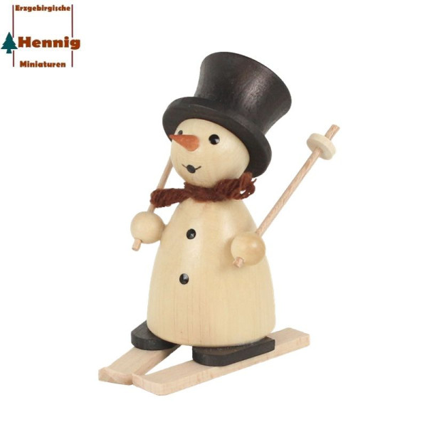 Schneemann mit Ski natur, 8 cm -Hennig Figuren Deutschneudorf- Erzgebirgische Handarbeit