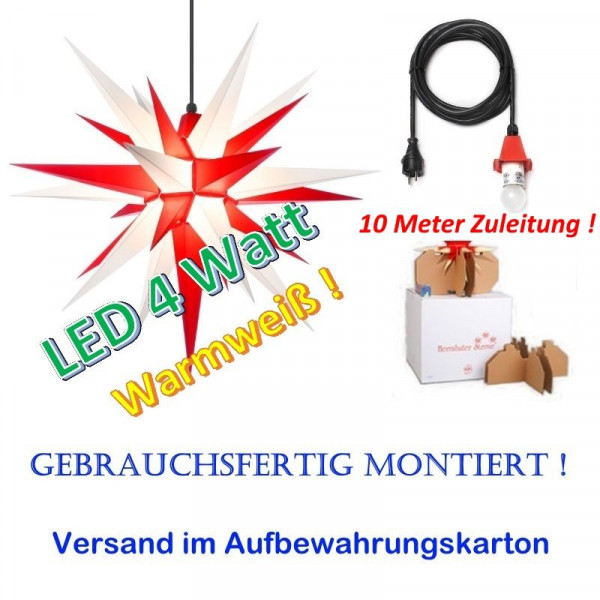 Herrnhuter Adventsstern Außenstern 68 cm Weiß-Rot mit LED u. 10m Zuleitung gebrauchsfertig montiert im Aufbewahrungskart.