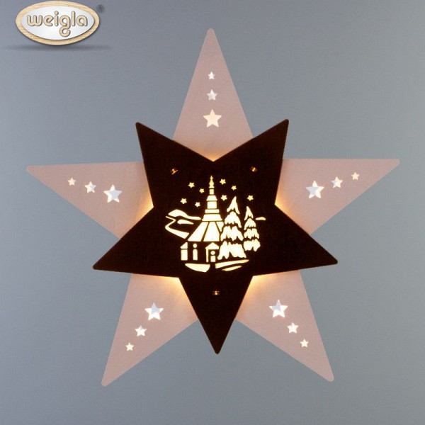 Fensterbild Stern "Seiffener Kirche" Weiß/Braun LED