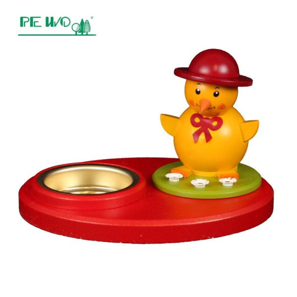 Teelicht-Sockel Vario rot-gold 12cm mit Küken mit Hut Echt Erzgebirge