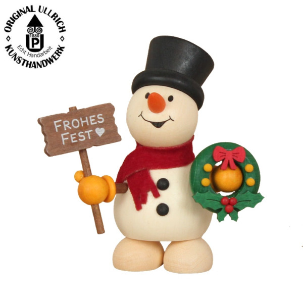 Schneemann mit Weihnachtskranz & Schild Frohes Fest, 9,5cm , ULLRICH® Kunsthandwerk