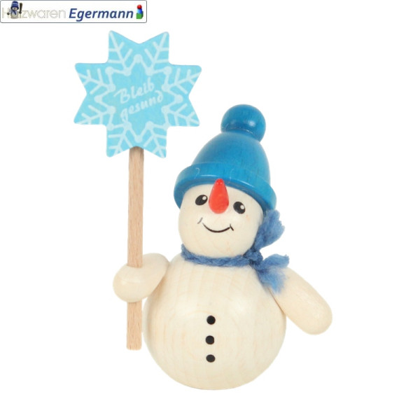 Schneemann mit Stern, blaue Mütze, ca. 7,5 cm Holzwaren Egermann - Made in Germany -