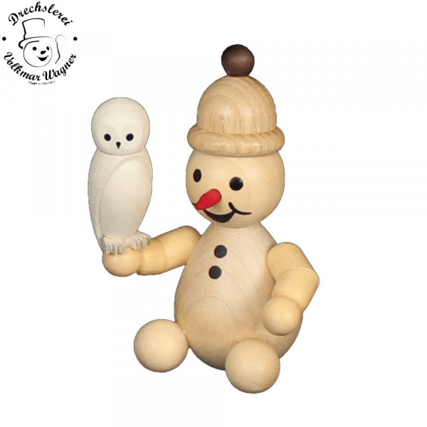 Schneemann Junior mit Schneeeule sitzend Drechlerei Volkmar Wagner