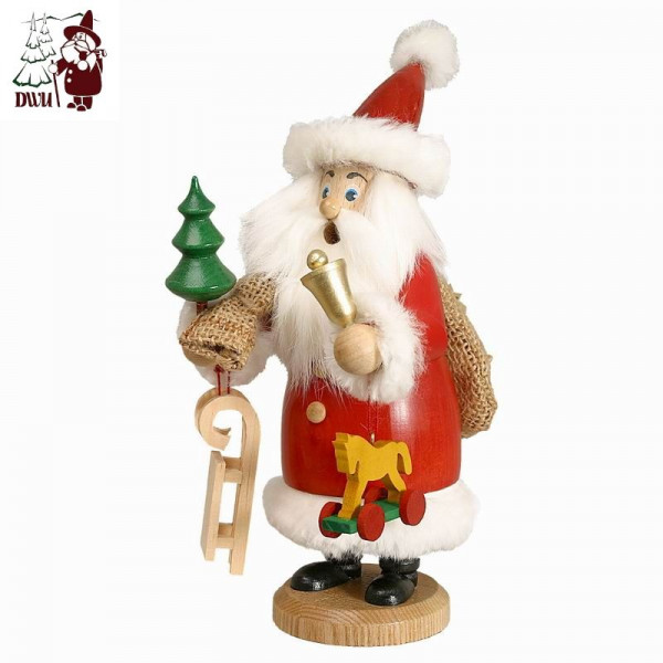 Erzgebirgische Räucherfigur Weihnachtsmann m. Fell+ Geschenk