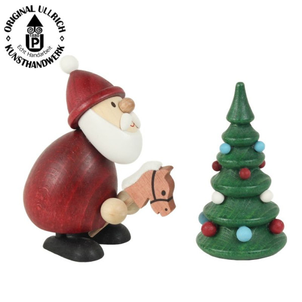 Weihnachtsmann mit Steckenpferd H 9,0cm und Weihnachtsbaum , ULLRICH® Kunsthandwerk