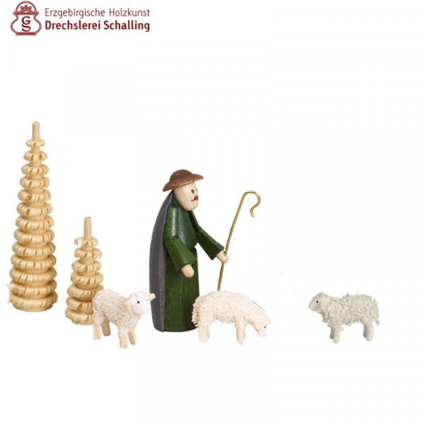 Krippefiguren Hirte,3 Schafe und 2 Bäumchen, bunt, 6,5 cm Drechslerei Thomas Schalling Seiffen - Made in Germany -