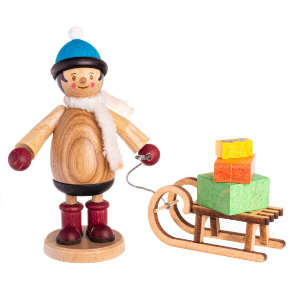Sammelfigur Holzfigur Mäxchen mit Geschenkeschlitten, Kuhnert Artikel 63000, Höhe ca. 12cm