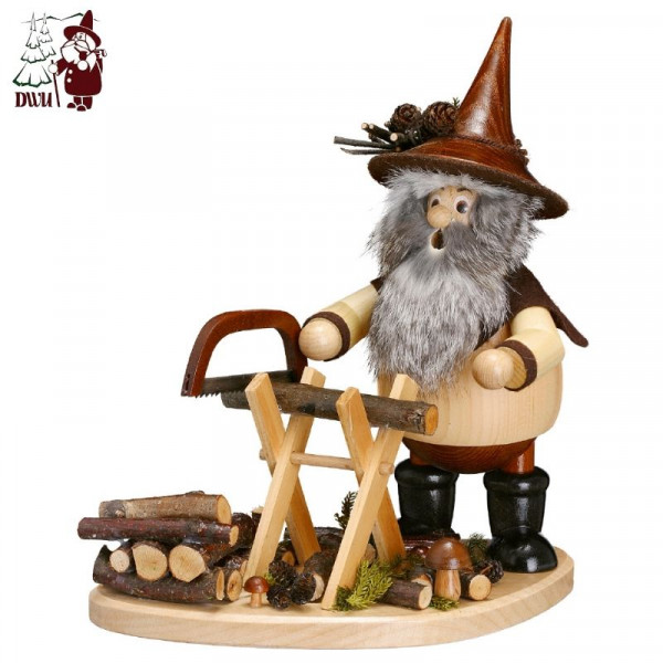 Erzgebirgische Räucherfigur "Waldwichtel mit Sägebock" 26 cm