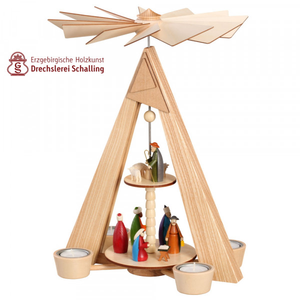 Teelichtpyramide 2 stöckig natur, Christi Geburt bunt Drechslerei Thomas Schalling Seiffen