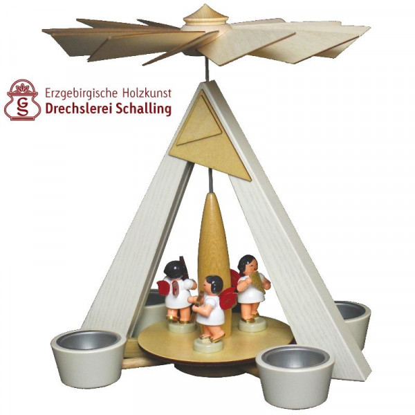 Teelichtpyramide weiß, mit Engeln Drechslerei Thomas Schalling Seiffen - Made in Germany -