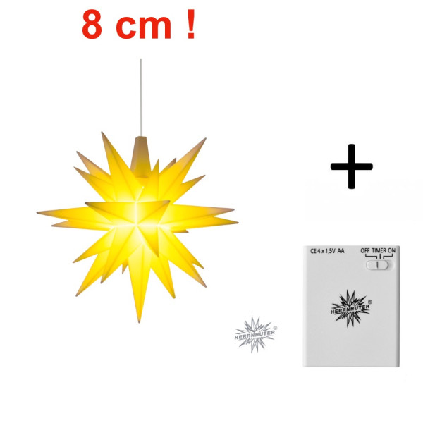 Herrnhuter Adventsstern Komplettset 1 Stück Miniaturstern Farbe gelb mit Batteriehalter
