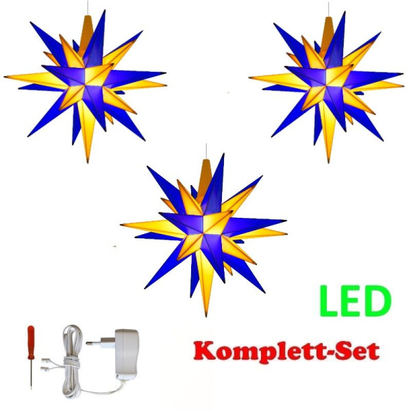 Herrnhuter Adventsstern Komplettset 3 Stück A1E mit Netzteil Farben blau-gelb,blau-gelb,blau-gelb