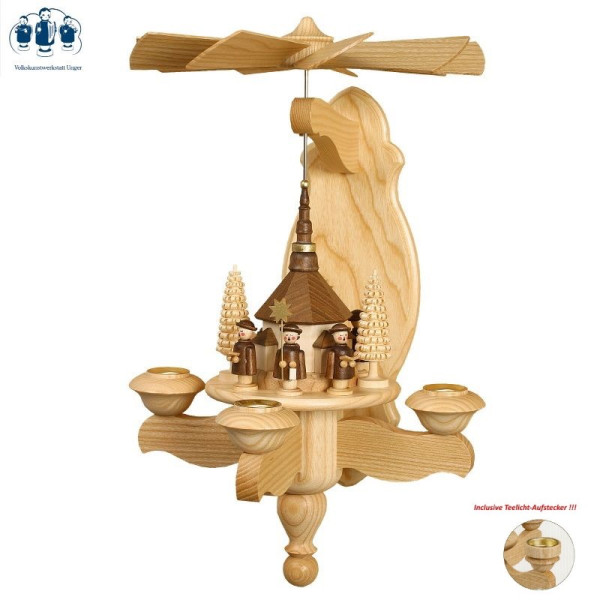 Wandpyramide Seiffener Kirche mit Kurrende mit Teelichtaufsatz - Volkskunstwerkstatt Unger