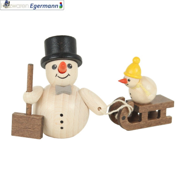 Schneemann mit Schneeschieber, Schlitten, Zylinder, 6 cm Holzwaren Egermann - Made in Germany -