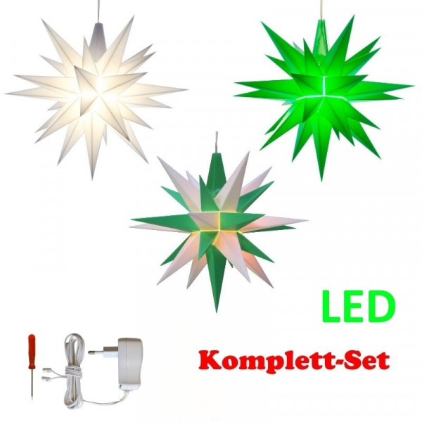 Herrnhuter Adventsstern Komplettset 3 Stück A1E mit Netzteil Farben weiß, weiß-grün, grün mit Netzgerät 500 mA