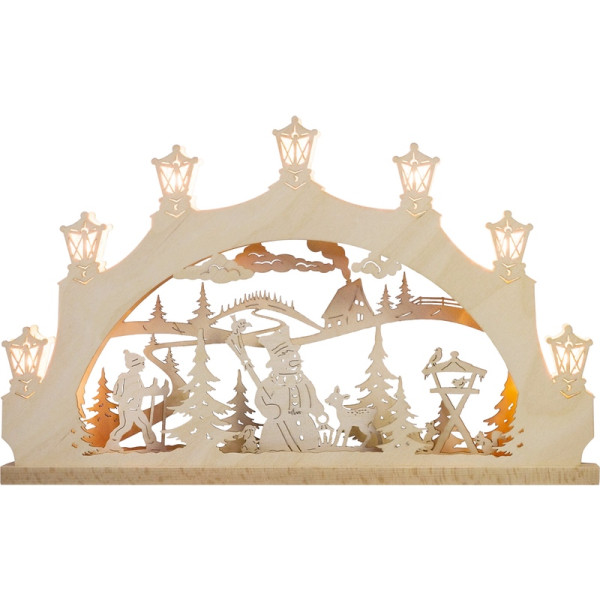 Schwibbogen 7 flammig Schneemann im Wald Qualität aus dem Erzgebirge - Made in Germany