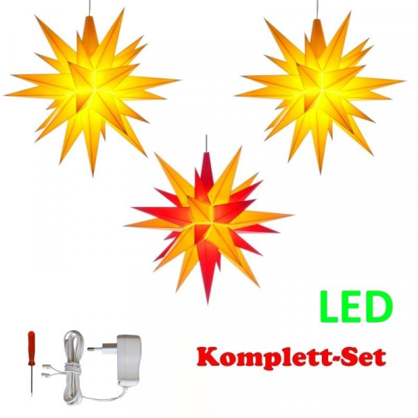 Herrnhuter Adventsstern Komplettset 3 Stück A1E mit Netzteil Farben gelb, gelb-rot, gelb mit Netzgerät 500 mA