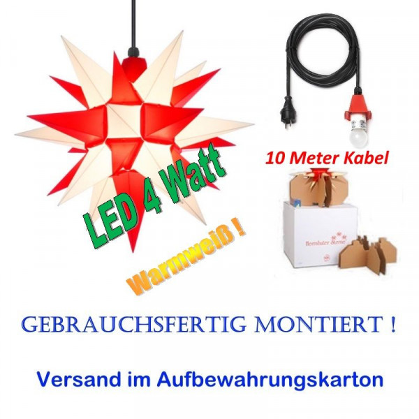 Herrnhuter Adventsstern Außenstern 40 cm Weiß-Rot mit LED+ 10m Zuleitung gebrauchsfertig montiert im Aufbewahrungskart.