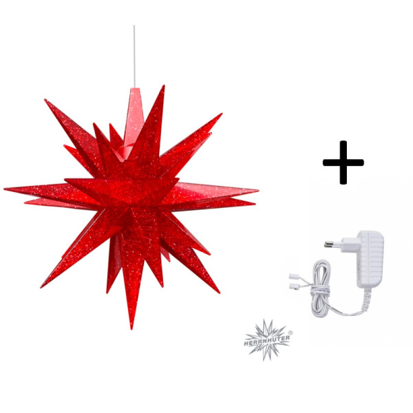 Herrnhuter Adventsstern Komplettset 1 Stück A1E Farbe rot-glitter mit Netzgerät 300 mA