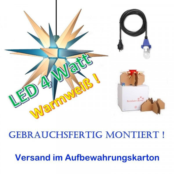 Herrnhuter Adventsstern Außenstern 68 cm Blau-Weiß mit LED + 5m Zuleitung gebrauchsfertig montiert im Aufbewahrungskarton