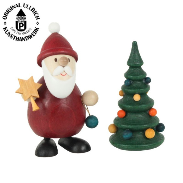 Weihnachtsmann stehend 9,3 cm mit Weihnachtsbaum farbig 8,0 cm, ULLRICH® Kunsthandwerk