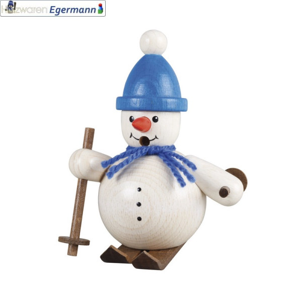 Räuchermann Schneemann auf Ski, blaue Mütze, 11cm Holzwaren Egermann - Made in Germany -