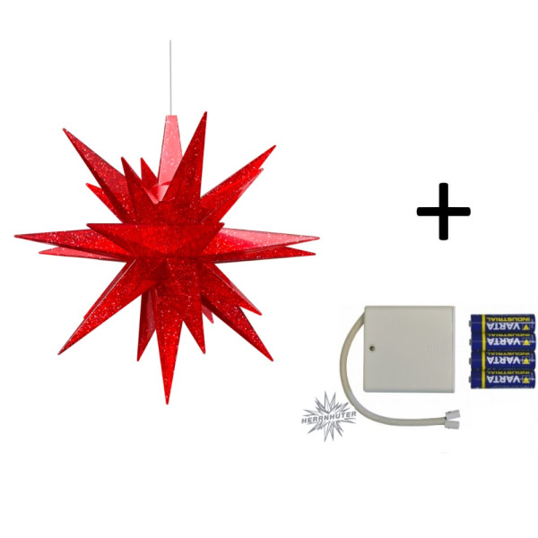 Herrnhuter Adventsstern Komplettset 1 Stück A1E Farbe rot-glitter mit Batteriehalter