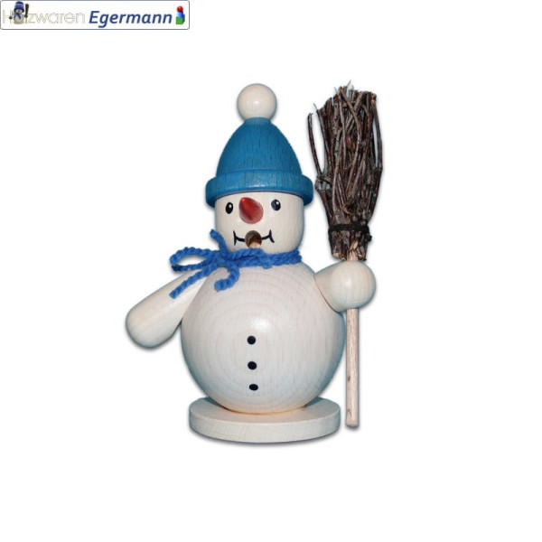 Räuchermann Schneemann mit Besen, blaue Mütze, 11cm Holzwaren Egermann - Made in Germany -