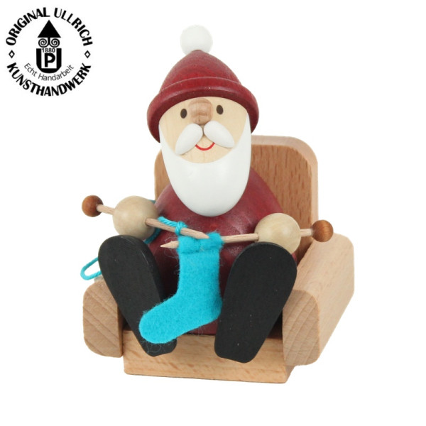 Weihnachtsmann strickend im Sessel, modern, 9 cm , ULLRICH® Kunsthandwerk