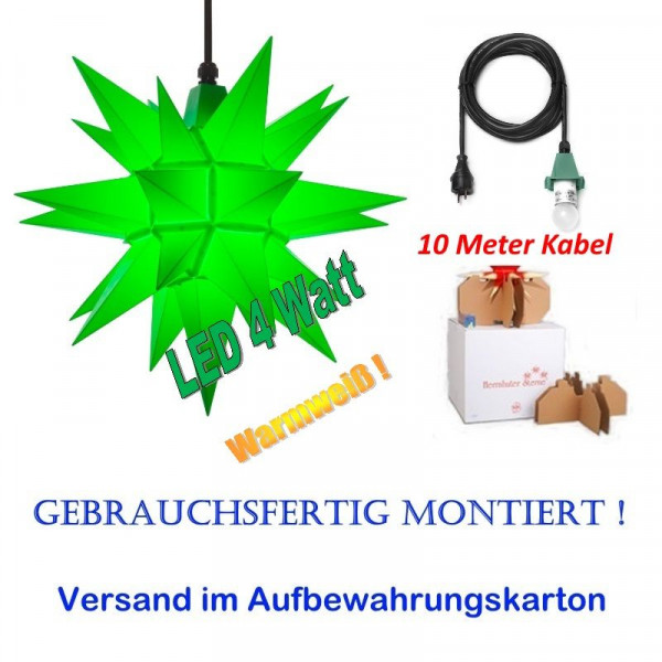 Herrnhuter Adventsstern Außenstern 40 cm Grün mit LED+ 10m Zuleitung gebrauchsfertig montiert im Aufbewahrungskart.