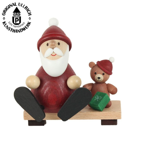 Weihnachtsmann mit Teddy auf Bank BxH 8,5cm x 9,0cm , ULLRICH® Kunsthandwerk
