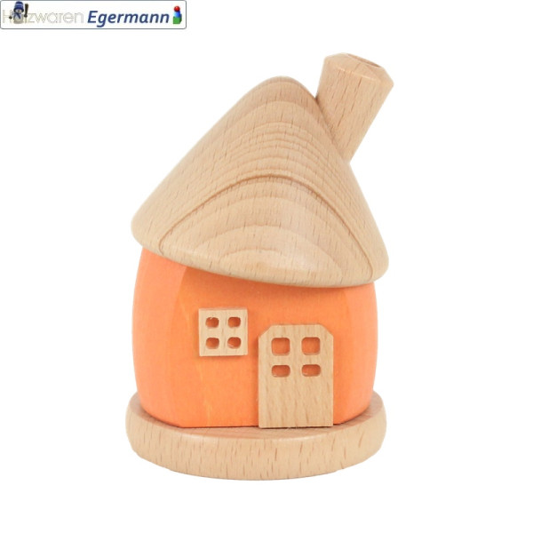 Räucherhaus klein rund, orange mit Dach natur, ca. 9 cm hoch Holzwaren Egermann - Made in Germany -