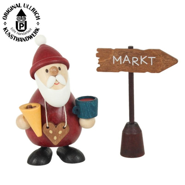 Weihnachtsmann Weihnachtsmarktbummler H 9,5 cm mit Schild , ULLRICH® Kunsthandwerk