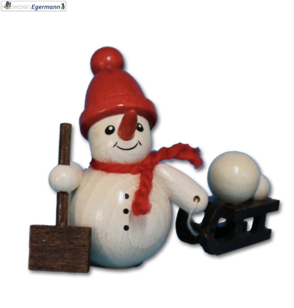 Schneemann mit Schlitten & Schneeschieber, rote Mütze, 5cm Holzwaren Egermann - Made in Germany -