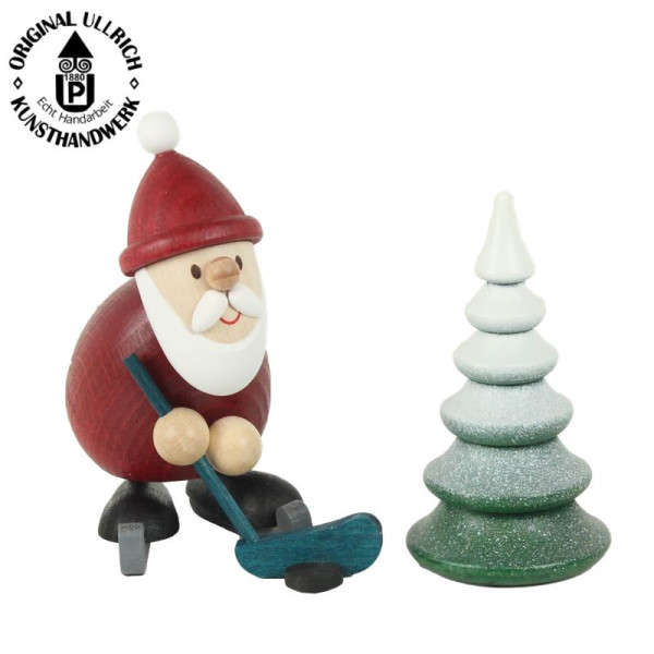 Weihnachtsmann Eishockeyspieler 9,6cm mit verschneitem Baum , ULLRICH® Kunsthandwerk