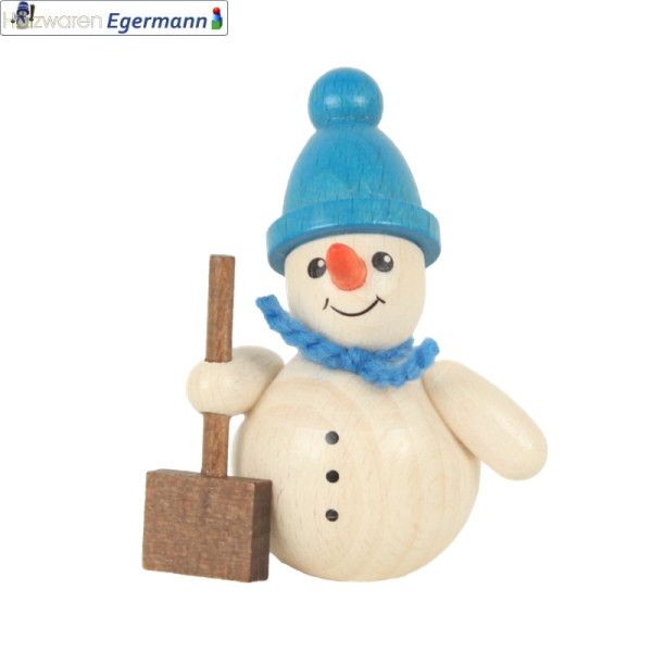Schneemann mit Schneeschieber, blaue Mütze, ca. 6 cm Holzwaren Egermann - Made in Germany -