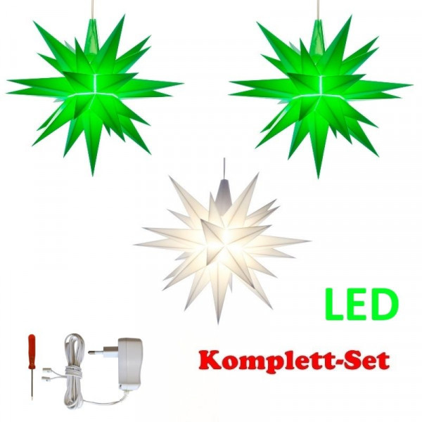 Herrnhuter Adventsstern Komplettset 3 Stück A1E mit Netzteil Farben grün, weiß, grün mit Netzgerät 500 mA