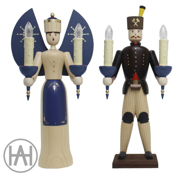 Engel und Bergmann natur lasiert matt, el. beleuchtet 29 cm Handarbeit von Andreas Hegewald Seiffen